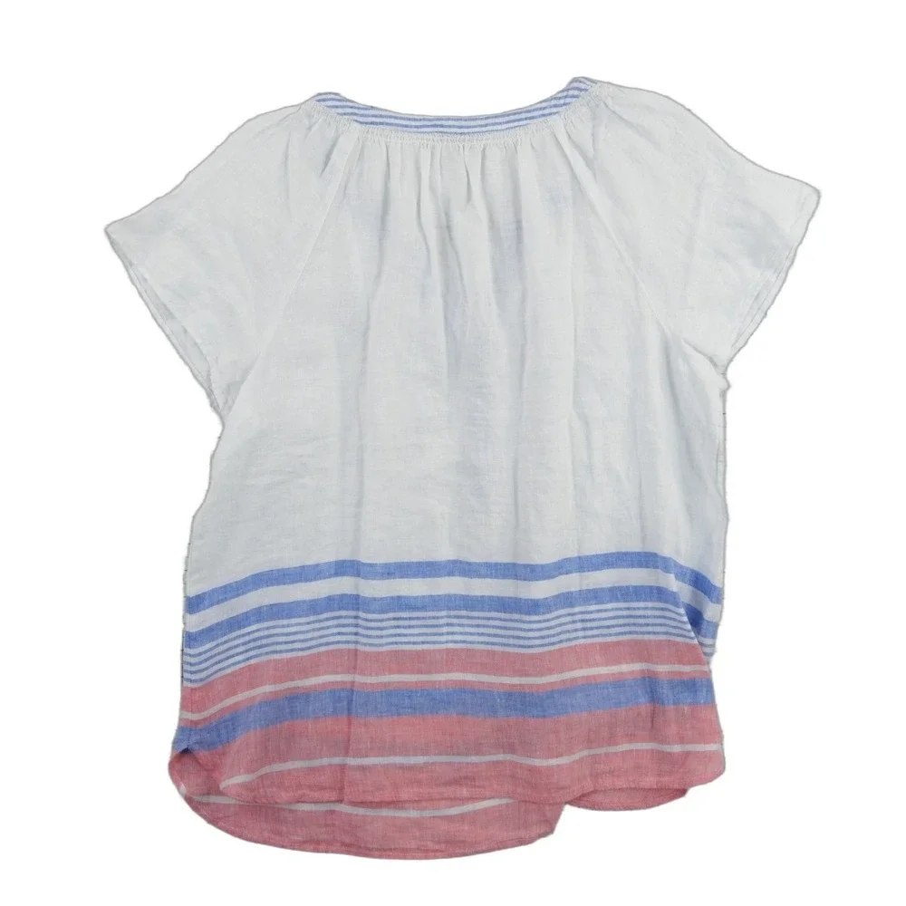 NWT Talbots 100% Linen Blouse Women's Size Large White Blue Coral Striped Henley
